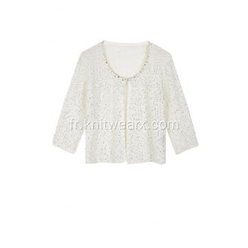 Cardigan ras du cou avec collier de diamants en fil de paillettes tricotées pour femmes